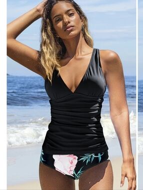 Black V-Neck Ruched Women’s Tankini Top and Floral Briefs Swim Set
